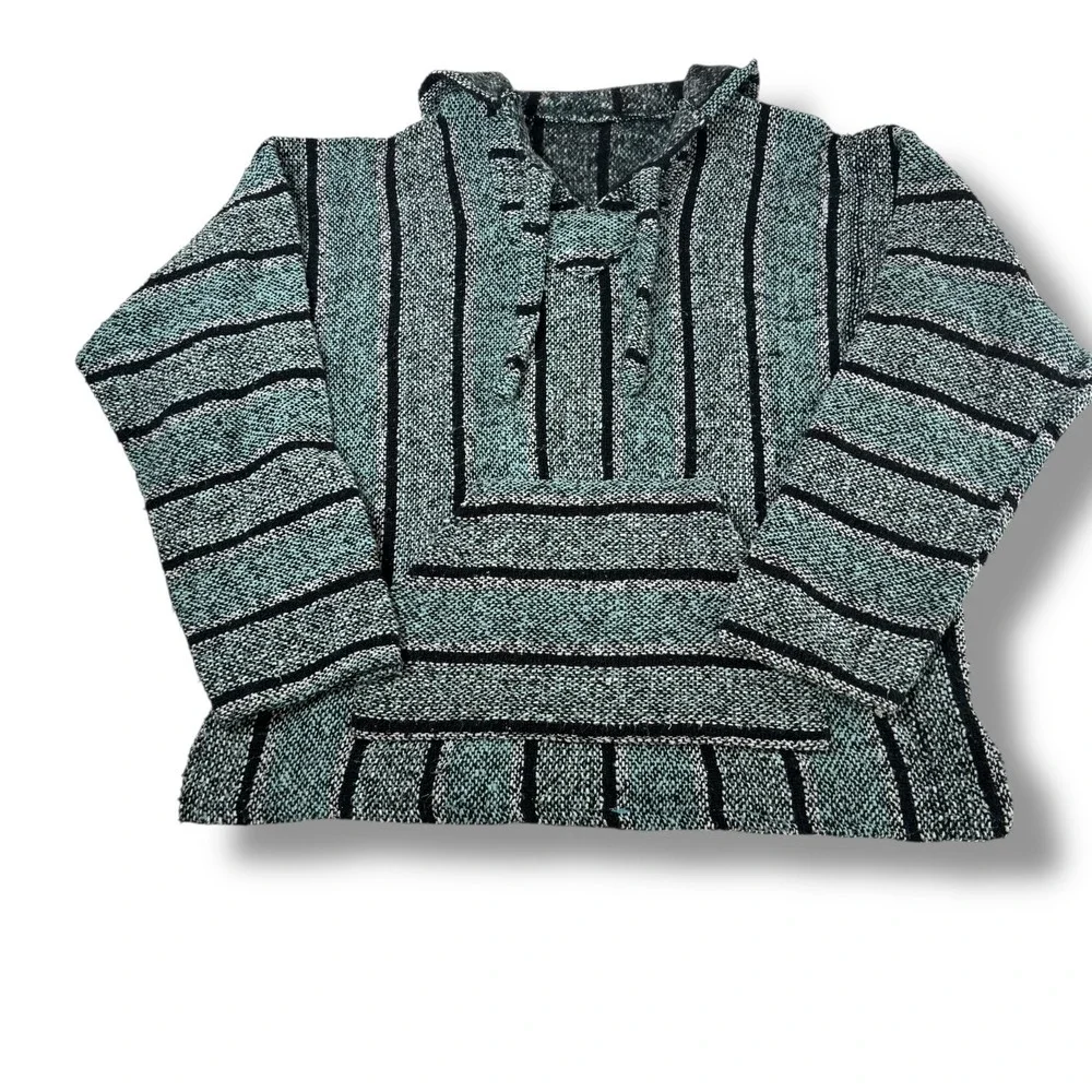 Baja Poncho Style Pullover Hoodie –‎ Teal & Black Stripe